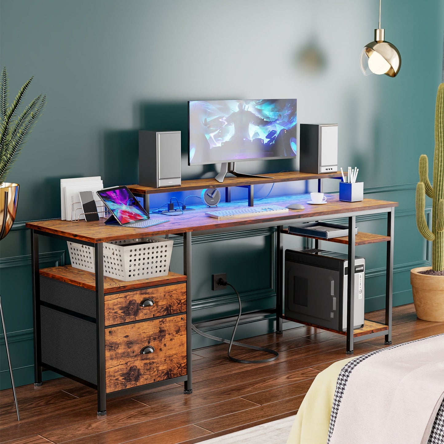 Furologee Computer Desk with Outlet & USB Ports, Gaming Desk with LED, Reversible Desk with File Cabinet & Drawer, Large Desk Writing Table with Monitor Stand for Home Office, Rustic Brown