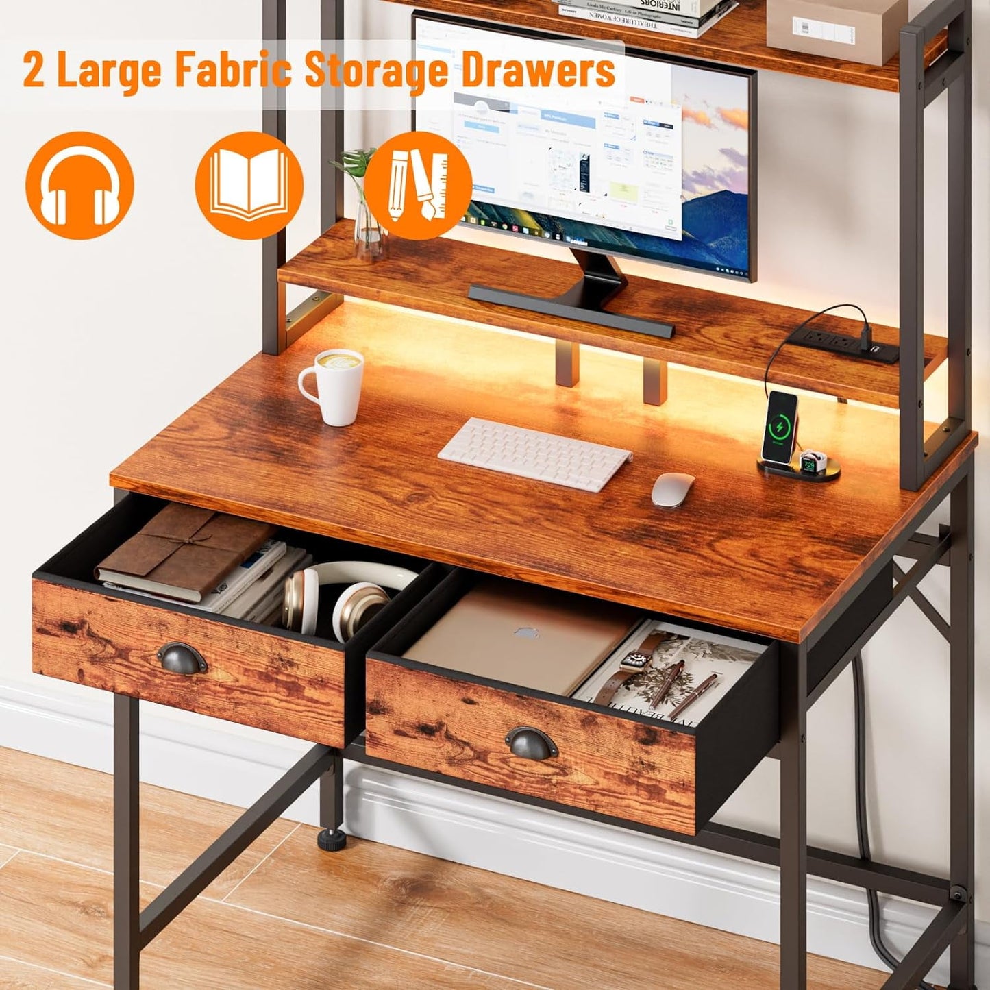Furologee Small Computer Desk with Power Outlet and 2 Fabric Drawers, Gaming Desk with Light, Home Office Desk with Monitor Stand and Hutch, Study Table with Shelf Rustic Brown