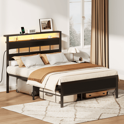 Tydimor Upholstered Underbed Storage Bed Frames with Charging Station£¬LED Queen Size Bed Frame with Storage Shelves, Niose Free