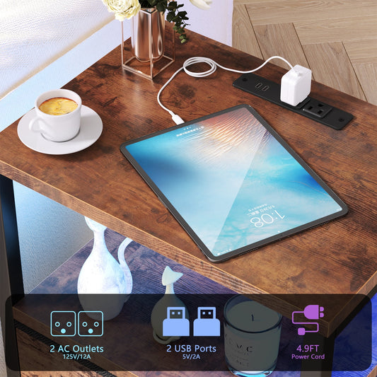 Satifur Night Stand with Charging Station,LED Nightstand with USB Ports and Outlets,Fabric Drawers Bed Side Table,Rustic Brown
