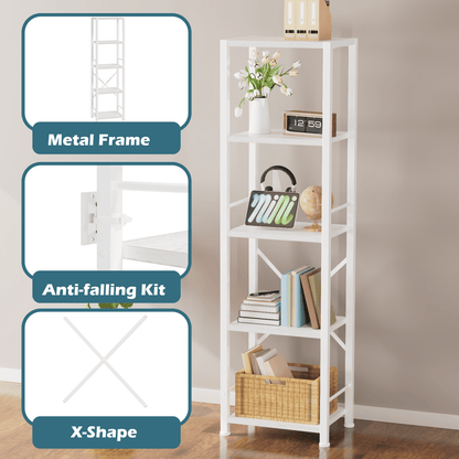 Satifur Bookshelf Bookcase Organizer with 5 Shelves for Living Room Bedroom Kitchen Garage, White