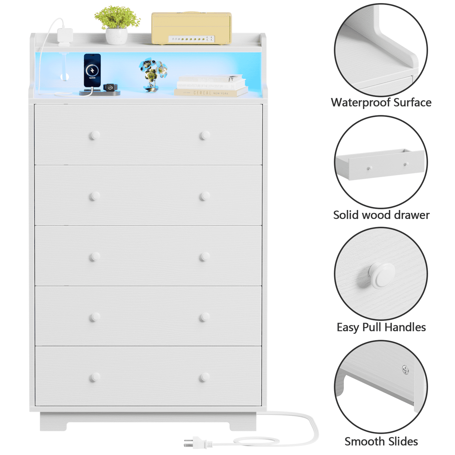 TYDIMOR Tall Dresser for Bedroom - 5 Large Wooden Drawers, White Chests of Drawers Organizer