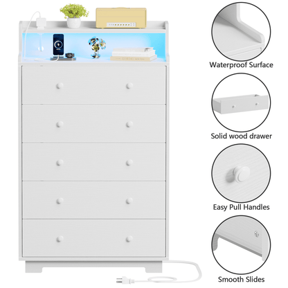 TYDIMOR Tall Dresser for Bedroom - 5 Large Wooden Drawers, White Chests of Drawers Organizer
