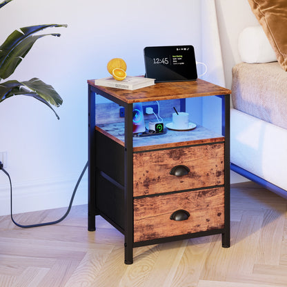 Satifur Night Stand Set of 2 with Charging Station,LED Nightstand with Fabric Drawers Bed Side Table,Rustic Brown