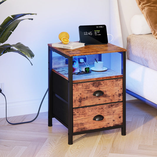 Satifur Night Stand Set of 2 with Charging Station,LED Nightstand with Fabric Drawers Bed Side Table,Rustic Brown
