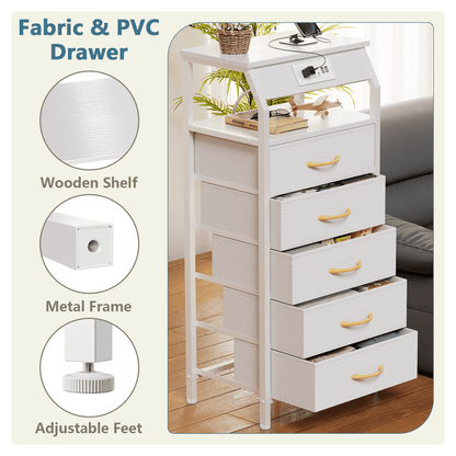 TYDIMOR Tall Dresser for Bedroom, 5 Drawer with Charging Station, White, Ideal for Adults