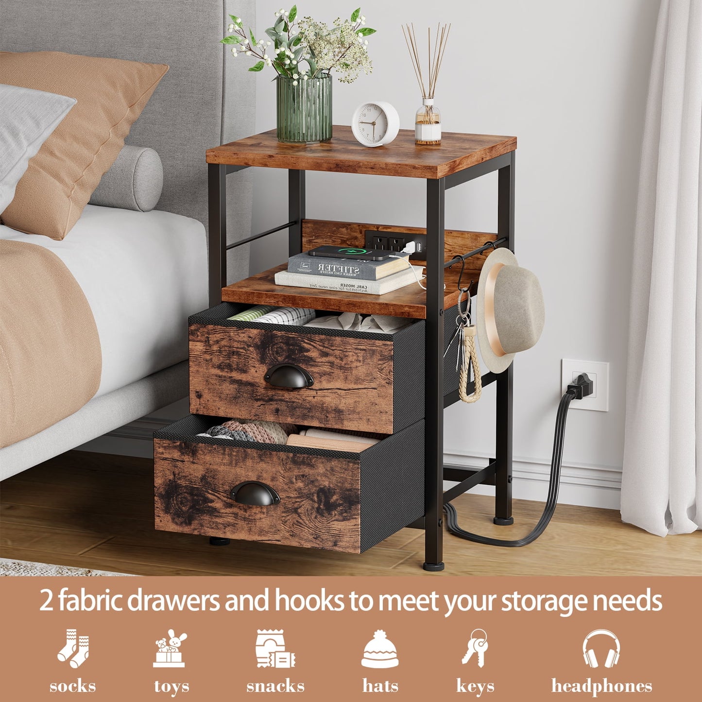 Satifur Nightstand with Charging Station, Bedside End Table with Fabric Drawers,Outlets & USB Ports, Rustic Brown,Set of 2
