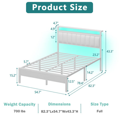 Tydimor Full Bed Frames with LED Lights, Platform Bed with Metal Slats, Headboard with 2-Tier Storage Shelves & Charging Station, No Box Spring Needed, White