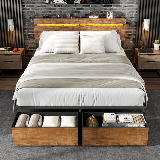 Satifur Queen Size Bed Frame with 2 Drawers & LED Lights & Charging Station, Beds with Headboard & 10.10" Under Bed Storage, No Box Spring Needed, Easy Assembly, Rustic Brown