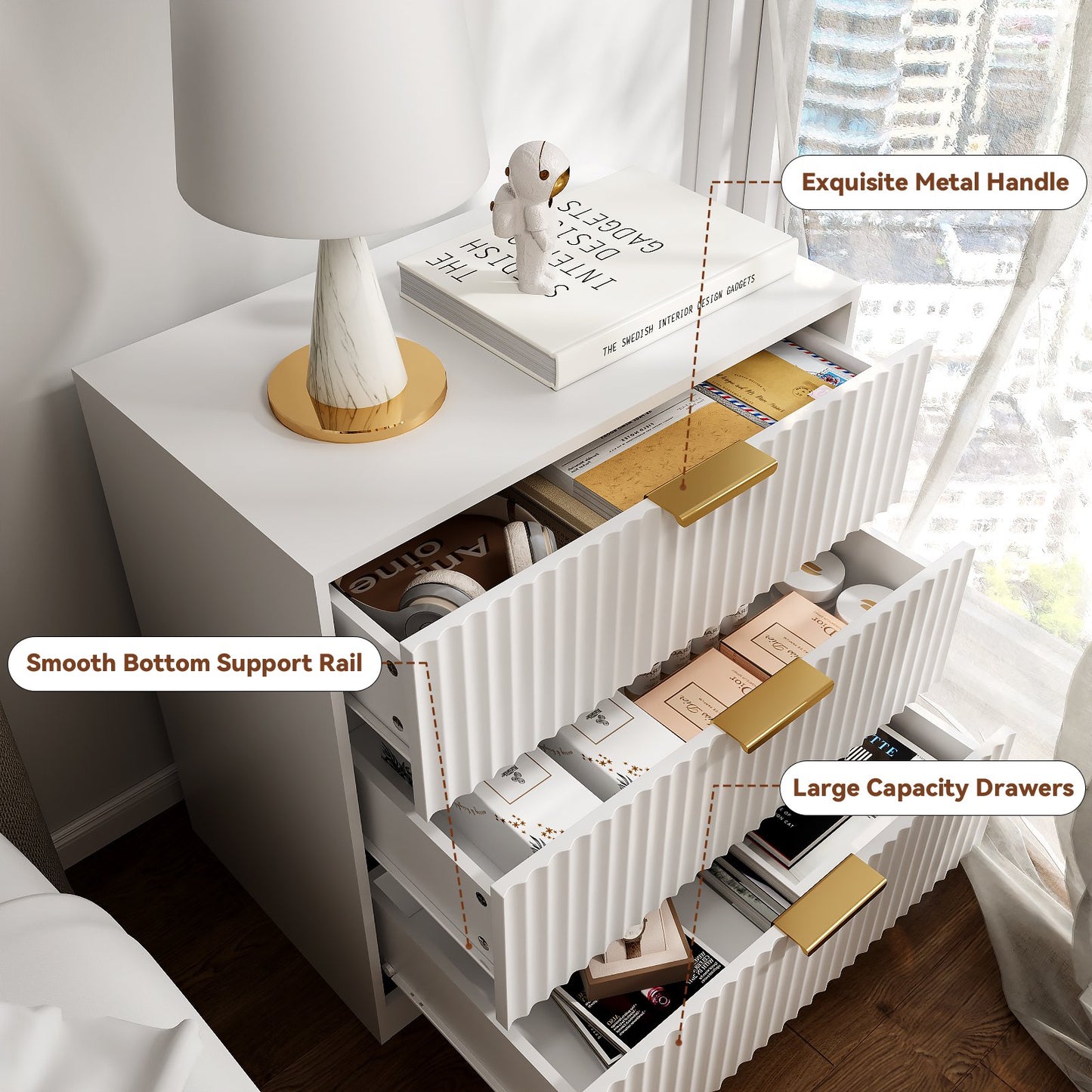 Tydimor Modern Nightstand with 3 Wooden Drawers, Bedside Table for Living Room, White