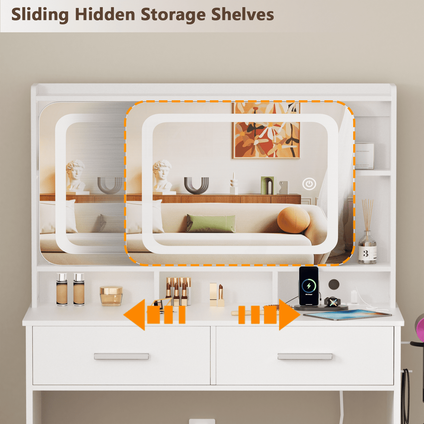 Hexmn lighted makeup vanities with stools, dressing Vanity tables with USB Power outlet, sliding mirror & storage shelves