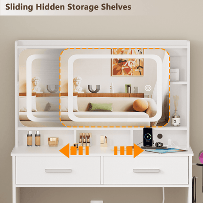 Hexmn lighted makeup vanities with stools, dressing Vanity tables with USB Power outlet, sliding mirror & storage shelves