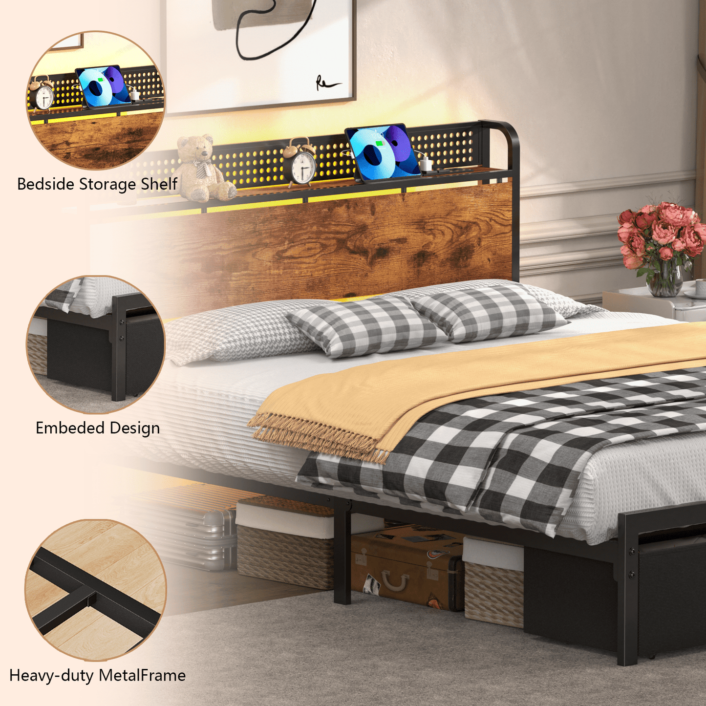 Tydimor Queen Bed Frame with 2 Drawers & Storage Headboard, Platform Metal Bed with Charging Station, No Box Spring Needed