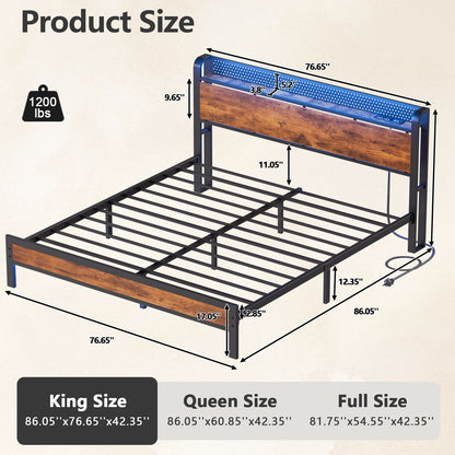 Satifur LED Bed Frame King Size with 2 USB Ports and Outlets, Platform Metal Bed Frame, No Box Spring Needed, Noise-Free