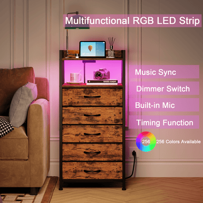 Hexmn Tall Dresser for Bedroom, 5 Drawer with Charging Station, Black, Ideal for Adults