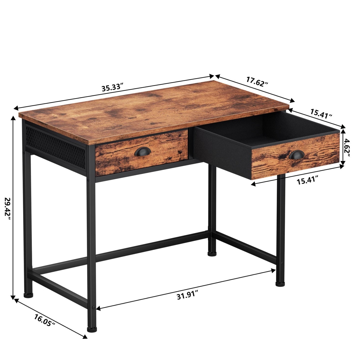 Hexmn Gaming Desk with Fabric Drawers & Hooks for Bedroom Home Office,Rustic Brown