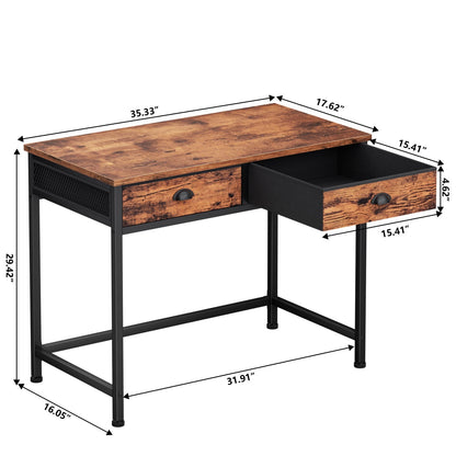 Hexmn Gaming Desk with Fabric Drawers & Hooks for Bedroom Home Office,Rustic Brown