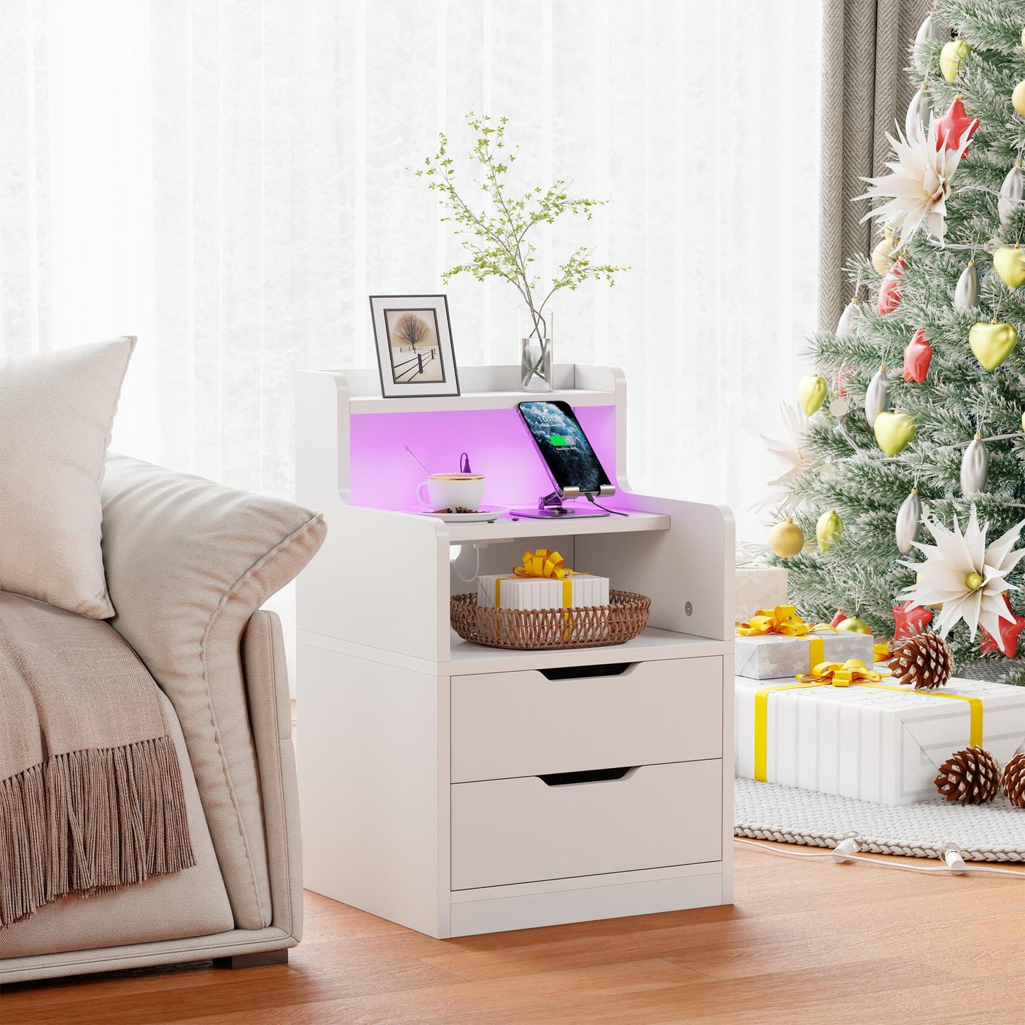Satifur White Nightstand with Charging Station,LED Nightstand with 2 Drawers Bed Side Table,White