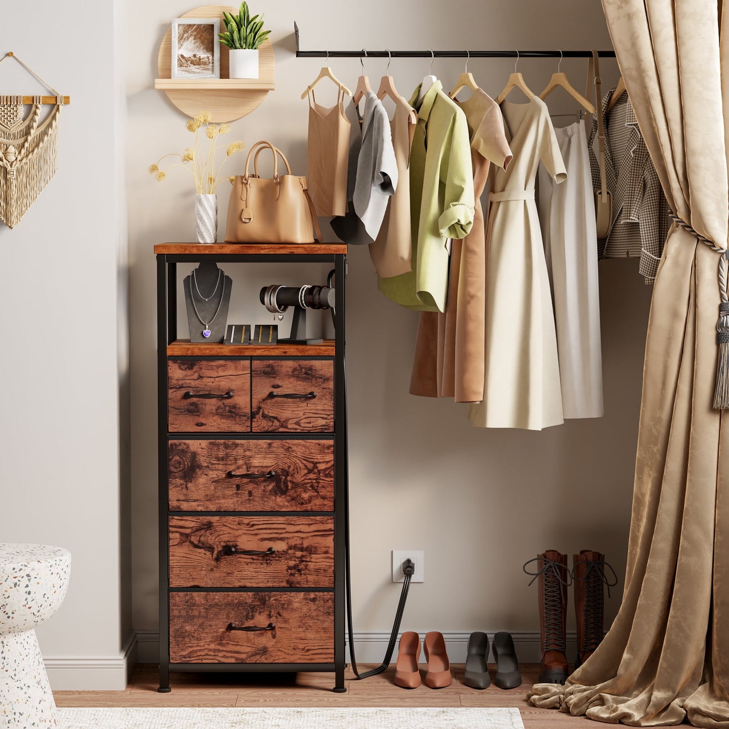 TYDIMOR Small Dresser for Bedroom, 5 Drawer with Charging Station, Brown, Ideal for Adults