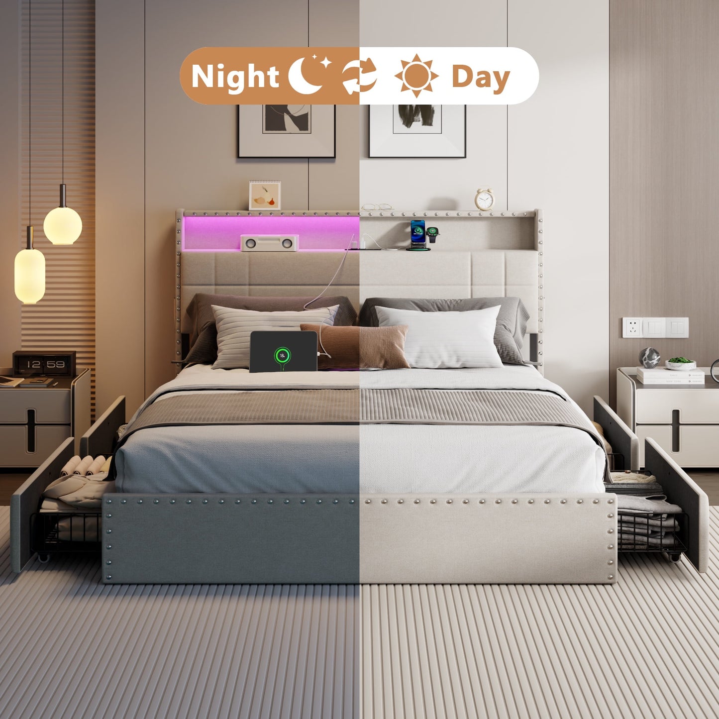 Tydimor Queen Bed Frame with Charging Station, Queen Upholstered Rivet Storage Headboard Platform Beds, Noise-Free, Easy Assembly, Beige