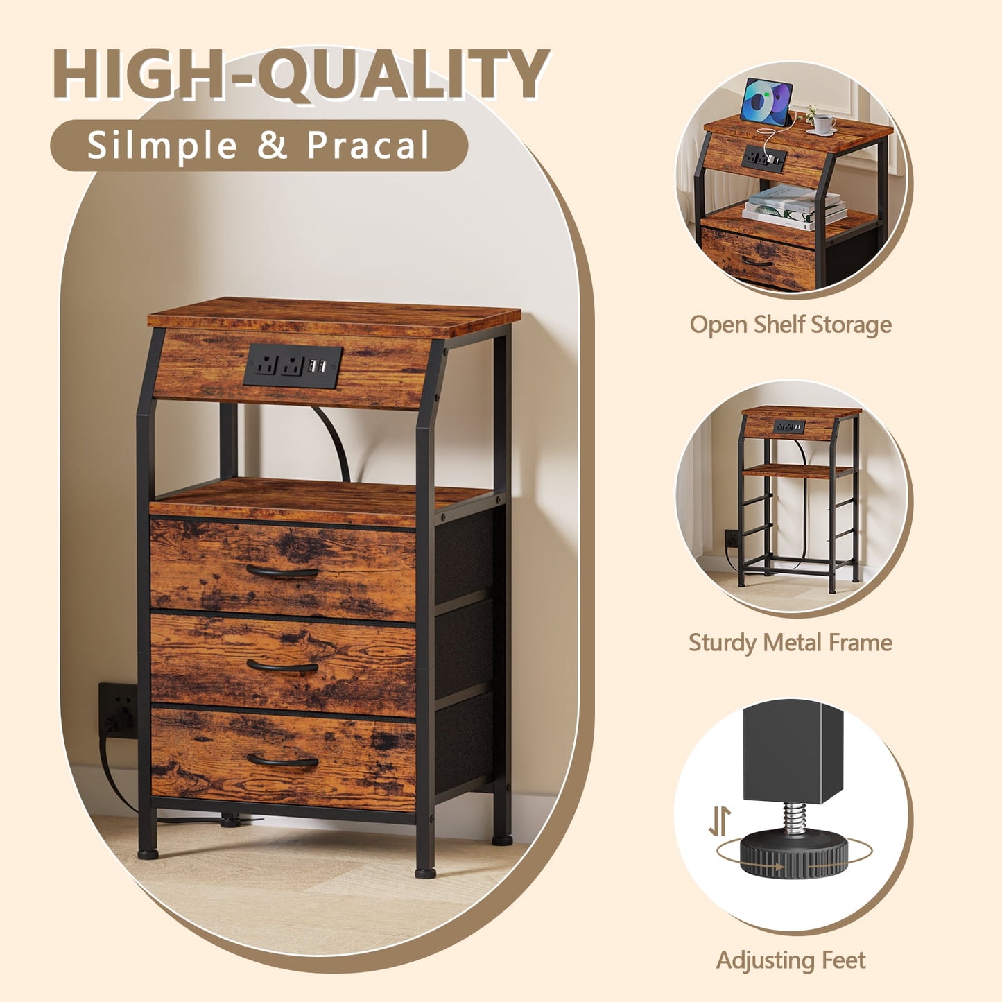 TYDIMOR Nightstand Bedside Table with Charging Station, 3 Drawer Dresser for Bedroom Furniture Steel, Wood, Brown Fabric Drawers