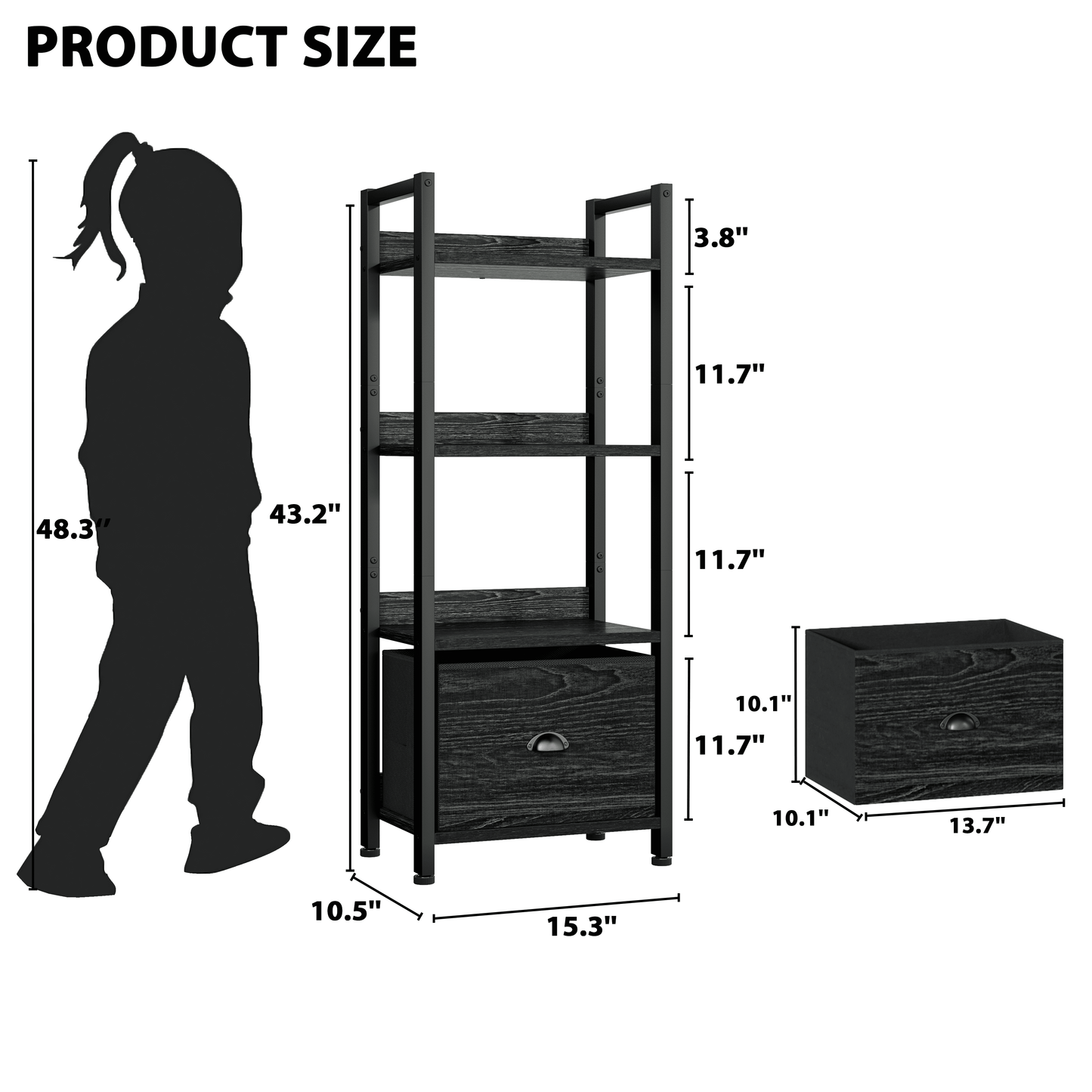 Satifur 4 Tier Ladder Bookcase with Removable Drawer Tall Standing Bookshelf,Black Oak