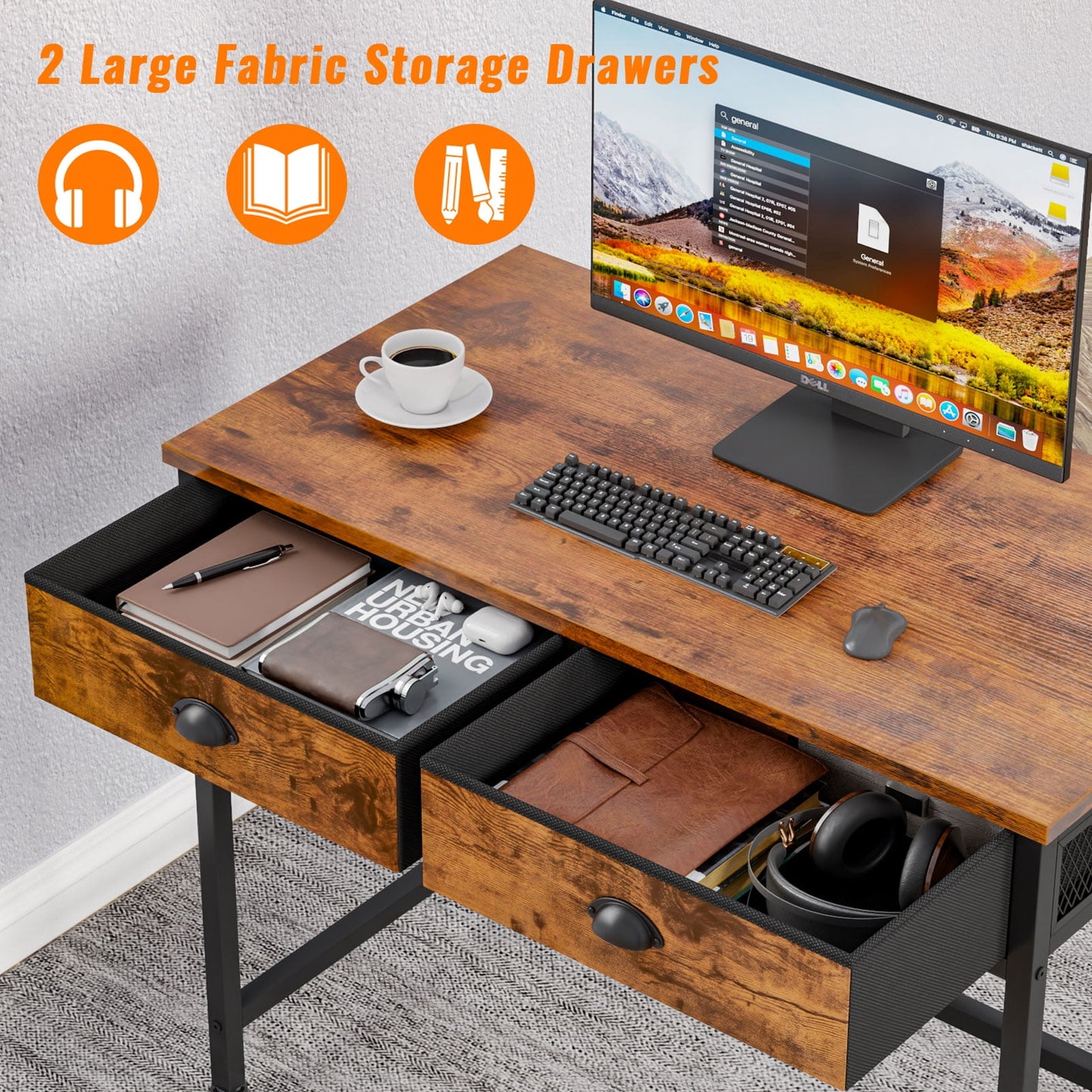 Furologee Computer Desk Home Office Writing Desk with 2 Fabric Drawers, Rustic Brown