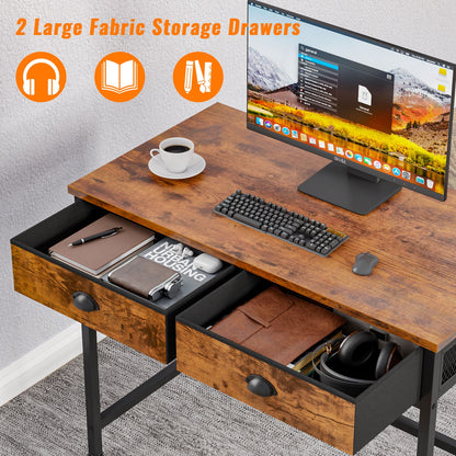 Furologee Computer Desk Home Office Writing Desk with 2 Fabric Drawers, Rustic Brown