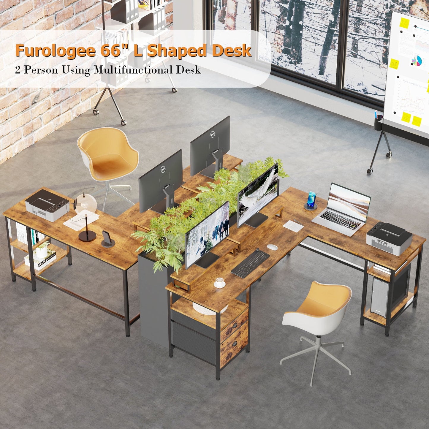 Furologee Computer Desk, Adult Collection L-Shaped MultiFuntional Rustic Desk, Rustic Brown