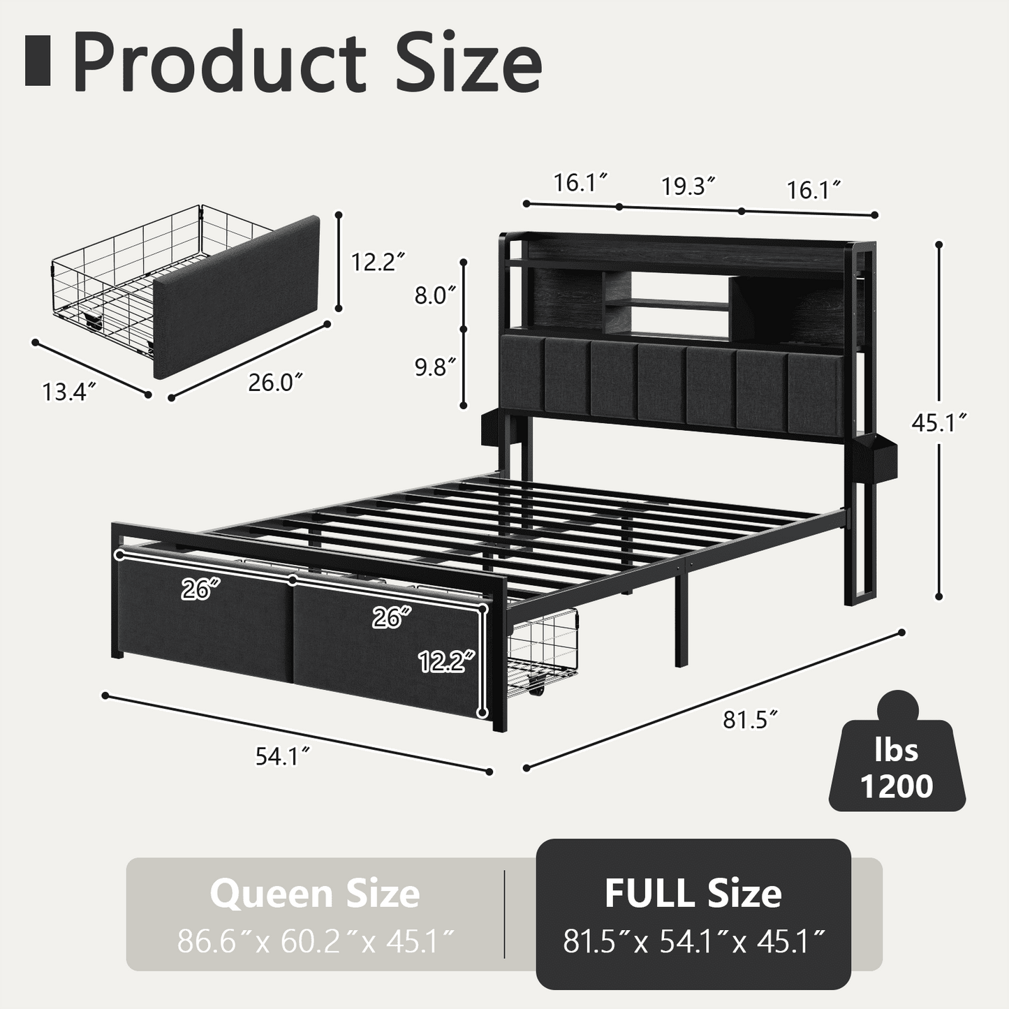 Satifur Full Size Metal Platform Bed Frame with Storage Headboard, Sturdy Full Bed for Adults, No Box Spring Needed