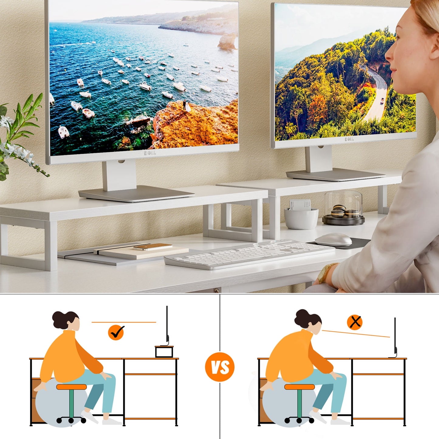Furologee L Shaped Desk with Shelves, Reversible Corner Computer Desk with Drawers & 2 Monitor Stands, Large Home Office Desk Writing Study Gaming Table Workstation, White