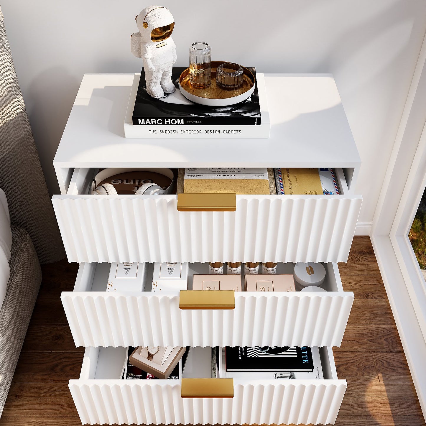 Tydimor Modern Nightstand with 3 Wooden Drawers, Bedside Table for Living Room, White