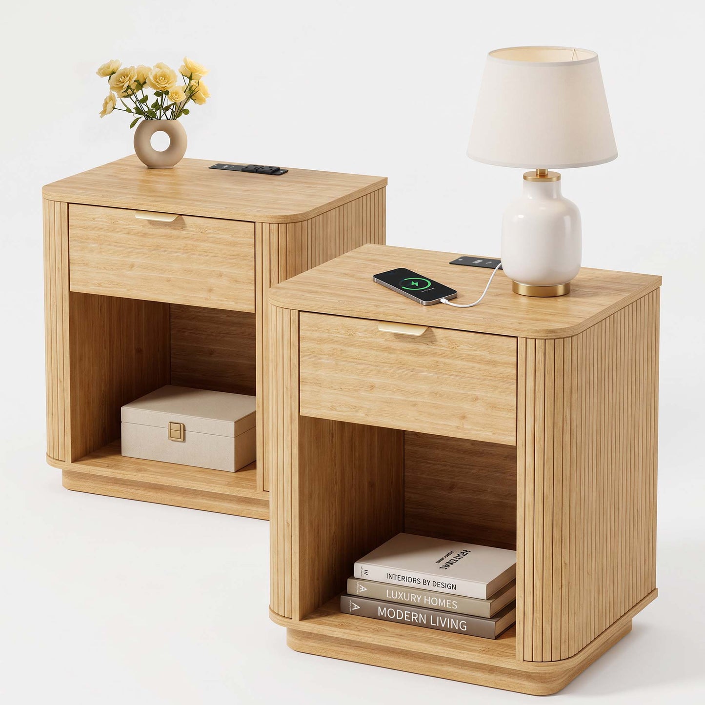 Satifur Wooden Nightstand with Charging Station Set of 2, 1 Drawer Fluted Night Stands with Storage, Modern Bedside Table Set of 2 for Bedroom, Natural