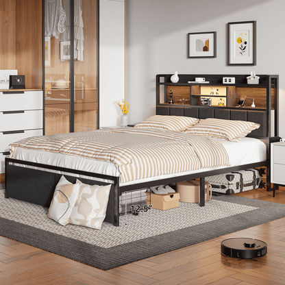 Tydimor Twin Size Metal Smart Bed Frames with Upholstered Headboard, LED Lights, USB Ports and Outlets, Storage Shelves & Underbed