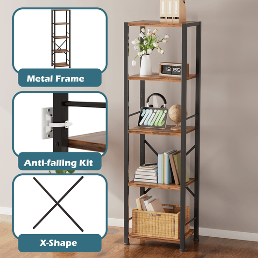 Satifur Bookshelf Bookcase Organizer with 5 Shelves for Living Room Bedroom Kitchen Garage,Rustic Brown