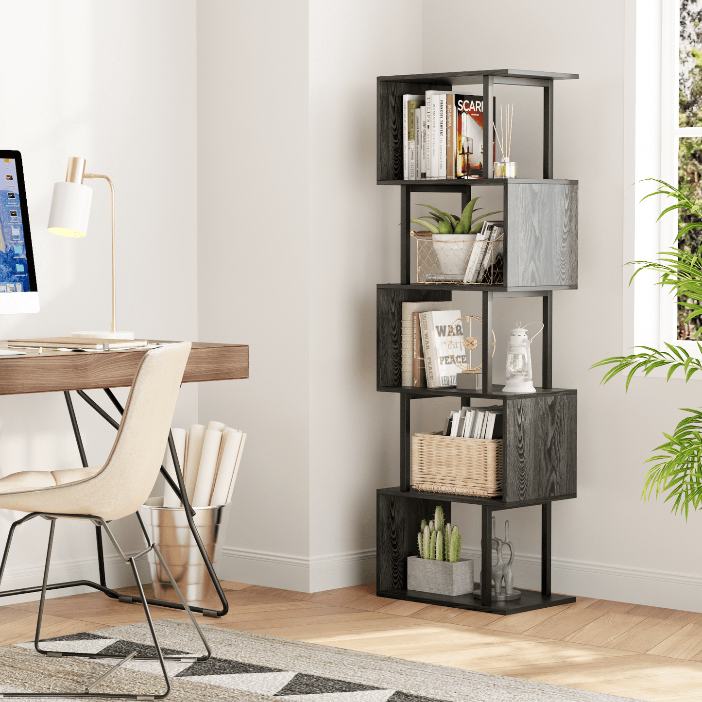Satifur 5-Tier S-Shaped Geometric Bookcase, Industrial Freestanding Storage Shelving Unit,Black