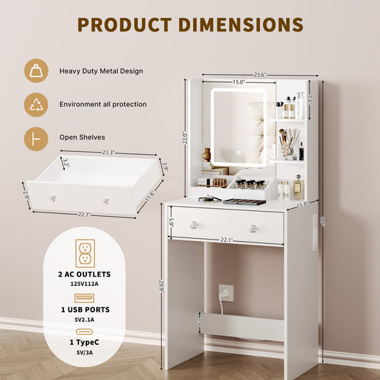Satifur Vanity Desk with Mirror & Lights, GRWM Vanity with Drawers & Storage Shelves, Makeup Dressing Table with Charging, White