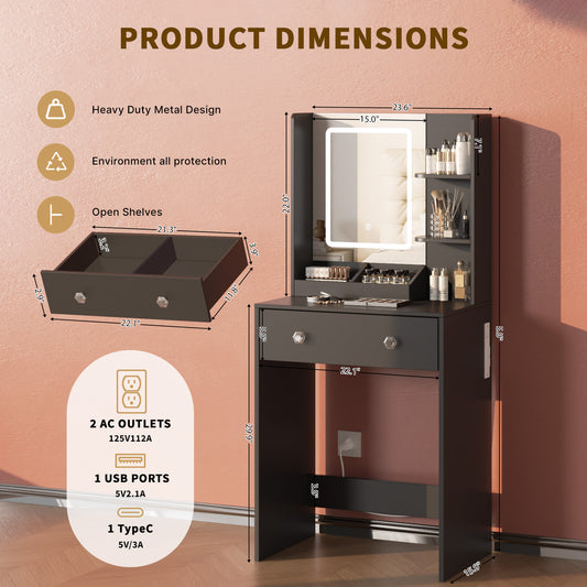 Satifur Vanity Desk with Mirror & Lights, GRWM Vanity with Drawers & Storage Shelves, Makeup Dressing Table with Charging, Black