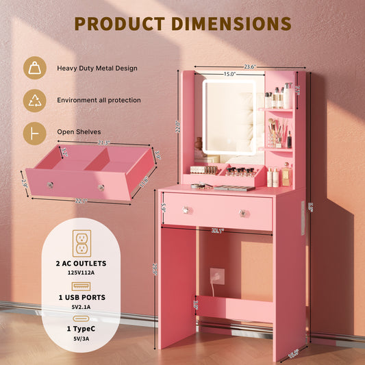 Tydimor Vanity Desk with Mirror & Lights, GRWM Vanity with Drawers & Storage Shelves, Makeup Dressing Table with Charging, Pink