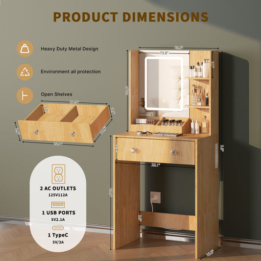 Tydimor Vanity Desk with Mirror & Lights, GRWM Vanity with Drawers & Storage Shelves, Makeup Dressing Table with Charging, Nature