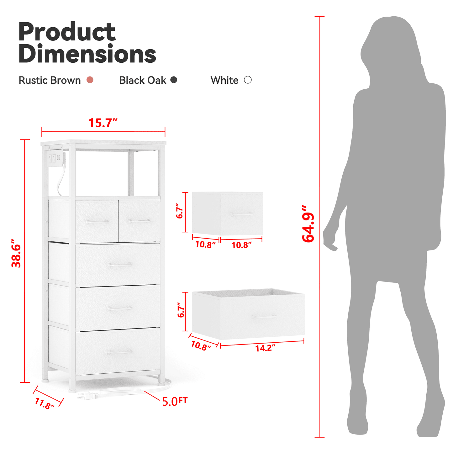 TYDIMOR Small Dresser for Bedroom, 5 Drawer with Charging Station, White, Ideal for Adults