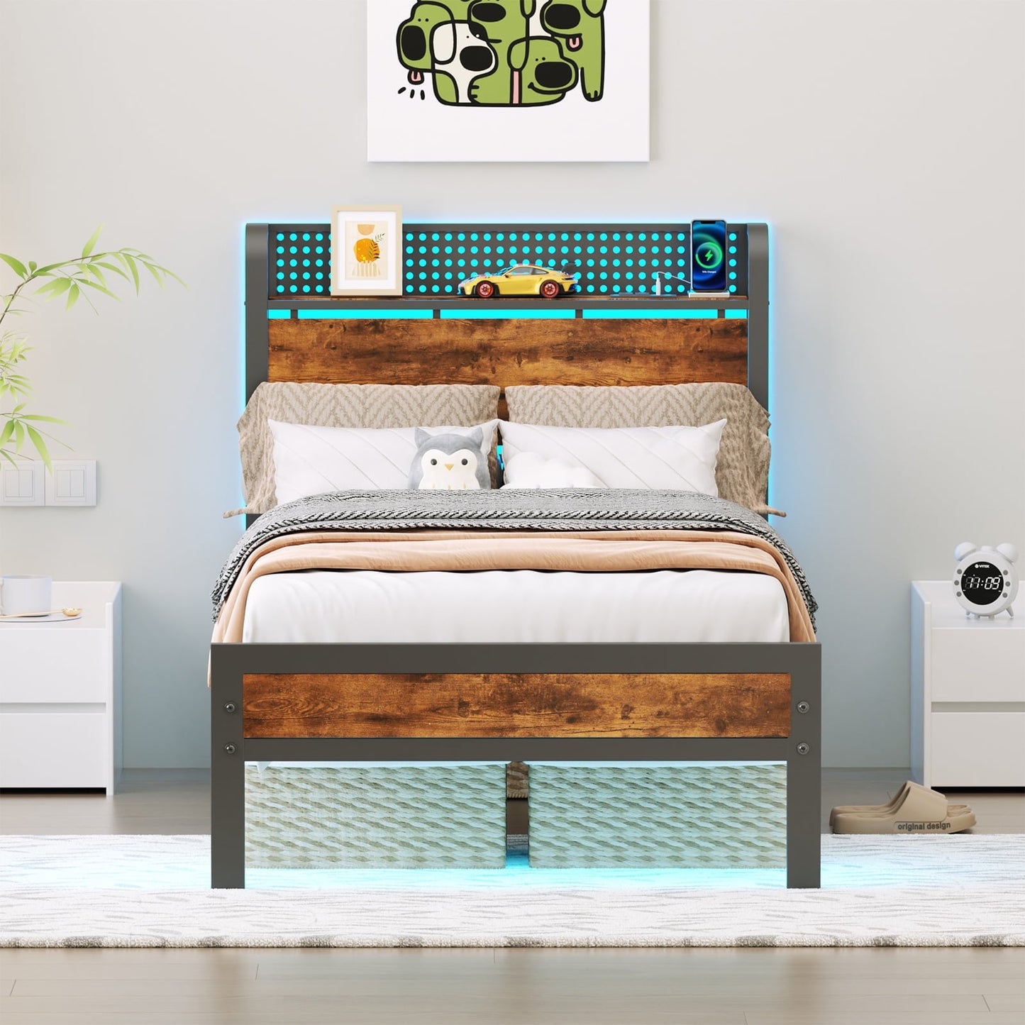 Hexmn Twin RGB LED Strip Platforrm Bed Frames with Headboard Metal, Storage Shelves & Underbed, Niose Free, No Box Spring Needed