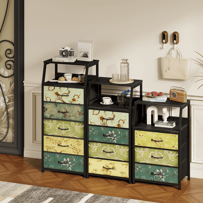 Satifur 3-Drawer Nightstand,Bedside Fabric Dresser Storage Chest of Drawers,Retro Flower