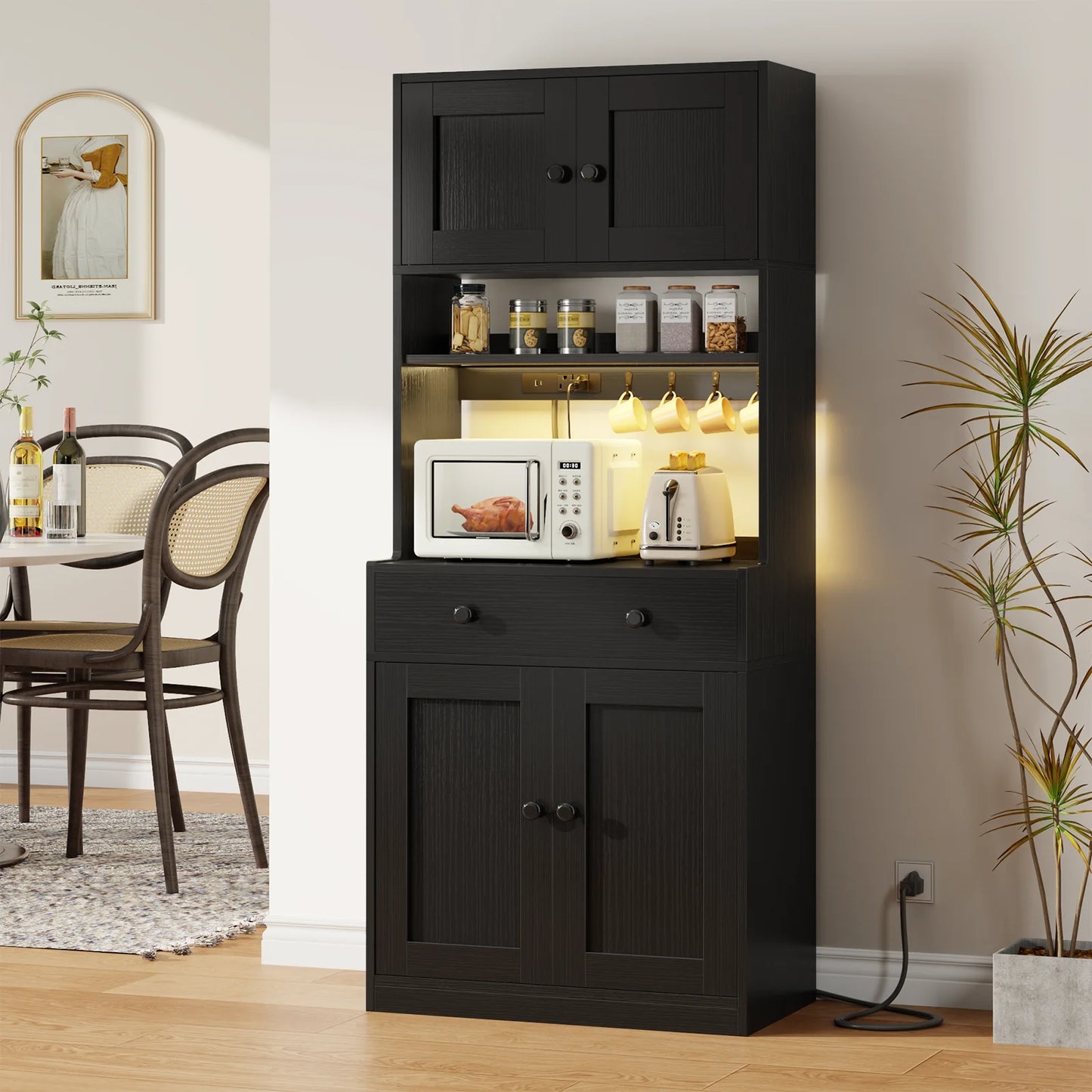 TYDIMOR Kitchen Pantry Storage Cabinet with Doors & Shelves, Wood Buffet Cabinet with Microwave Stand, Tall Hutch Cabinet for Dining Room, Black