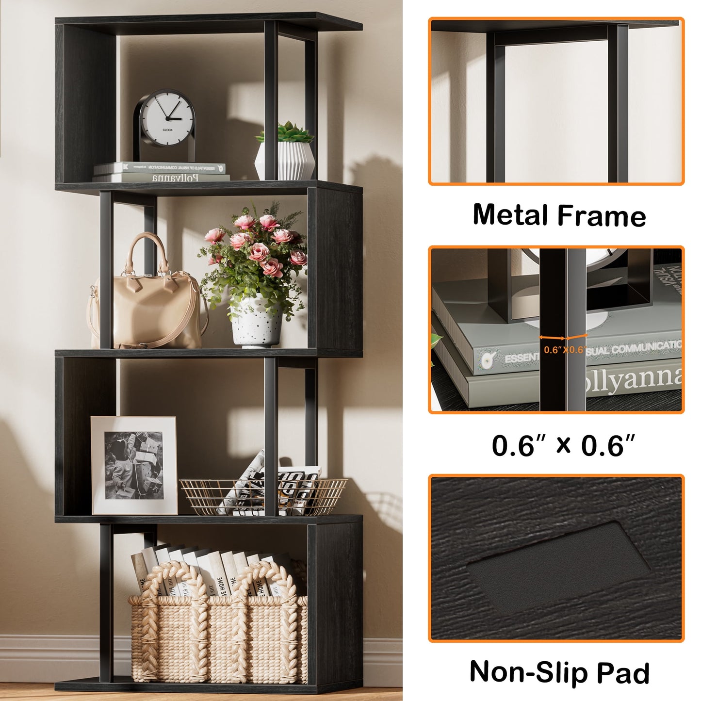 Satifur 4-Tier S-Shaped Geometric Bookcase, Industrial Freestanding Storage Shelving Unit