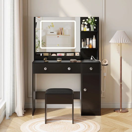 Tydimor Vanity Desk with Mirror & Lights, GRWM Vanity Set with Drawers & Storage Shelves, Makeup Dressing Table with Stool & Charging, Black