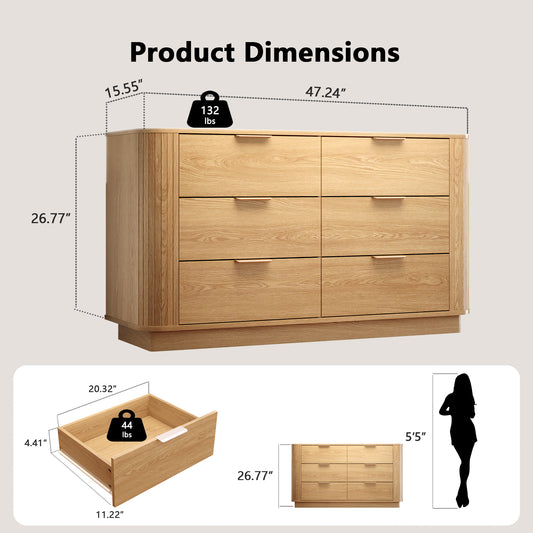 Satifur 47.2″ Wide 6-Drawer Dresser, Large Capacity Oak TV Stand for up to 50″ TVs