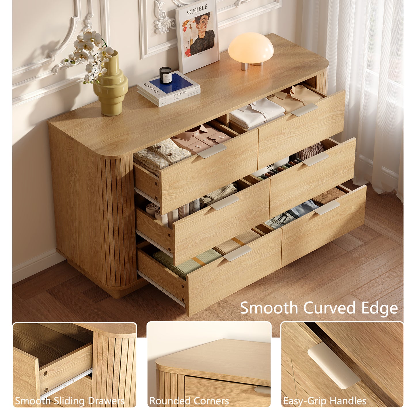 Satifur 47.2″ Wide 6-Drawer Dresser, Large Capacity Oak TV Stand for up to 50″ TVs