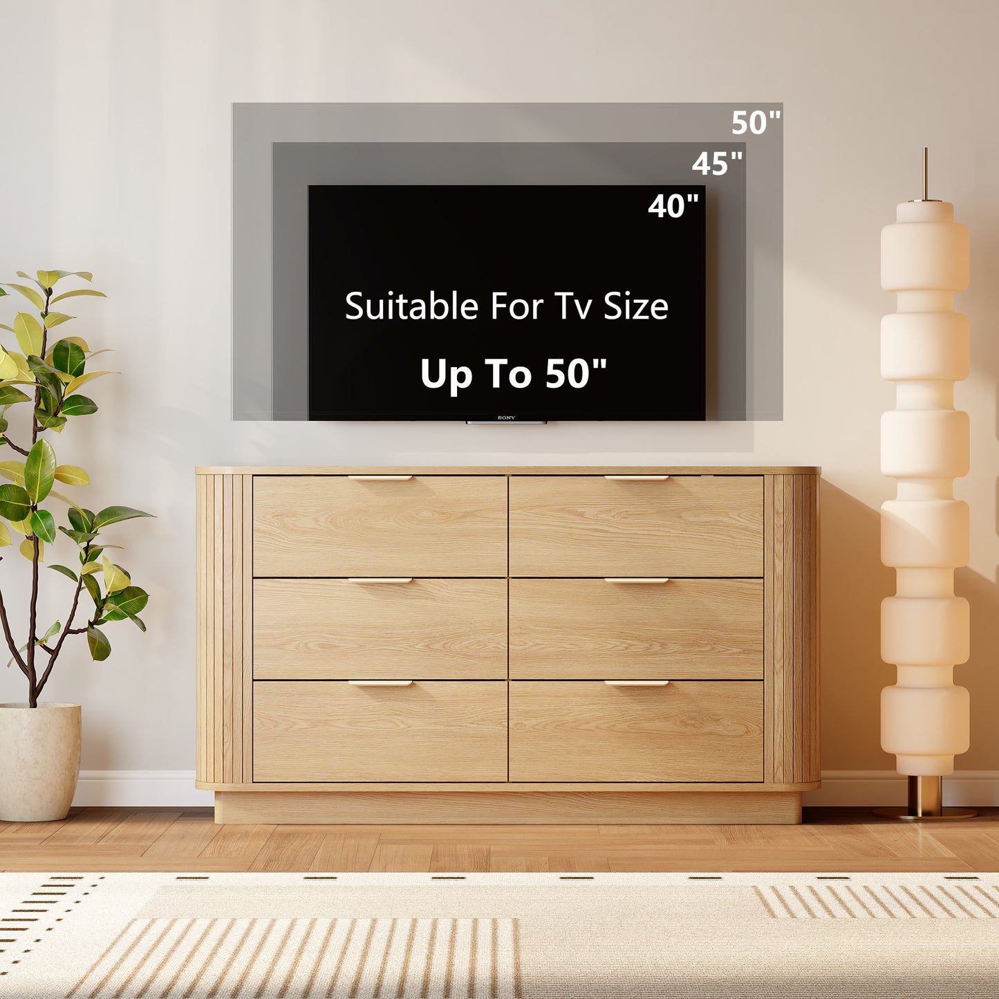 Satifur 47.2″ Wide 6-Drawer Dresser, Large Capacity Oak TV Stand for up to 50″ TVs