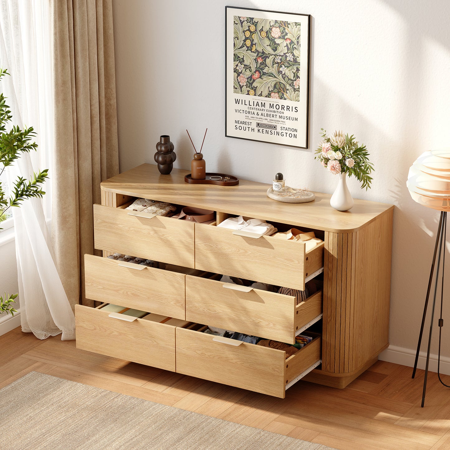 Satifur 47.2″ Wide 6-Drawer Dresser, Large Capacity Oak TV Stand for up to 50″ TVs